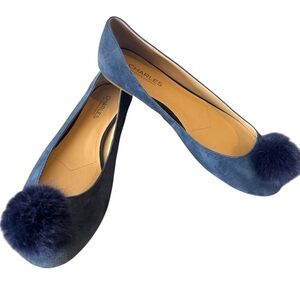 CHARLES by Charles David Blue suede Flats with Pom Pom Detail